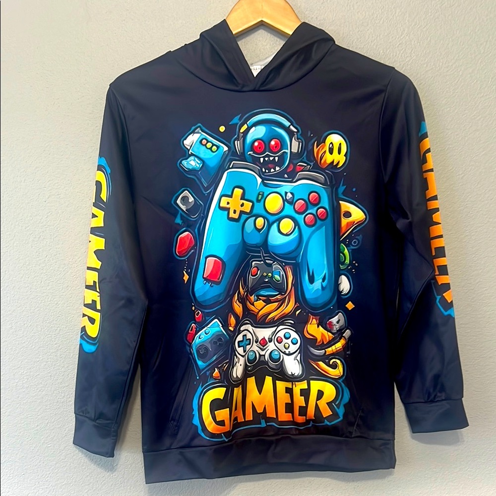 Boys Navy  Hoodie with Colorful Gamer Graphic‎  measurements in description